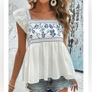 White embroidered Tie back blouse